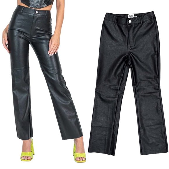 Princess Polly Macey High-Rise Straight Leg Vegan Faux Leather Pants in Black - Picture 1 of 16
